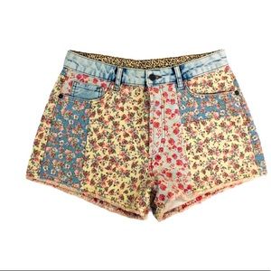 FARM Rio Floral Patchwork Denim Shorts in Blue, Yellow, and Pink
